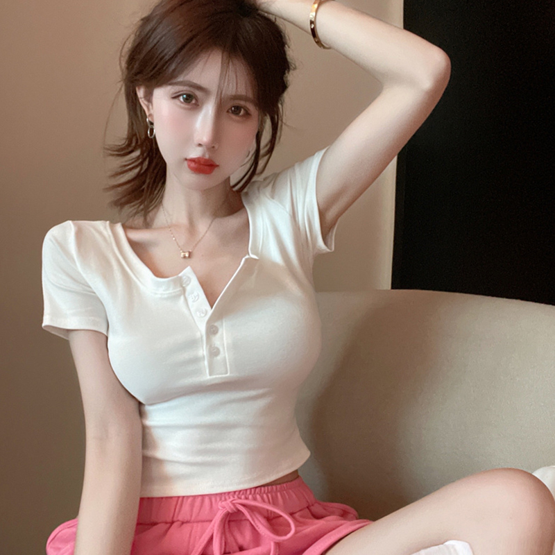 Cotton pure sweet Spice Girl square neck short sleeve T-shirt women's ins fashion design sense niche short navel revealing top