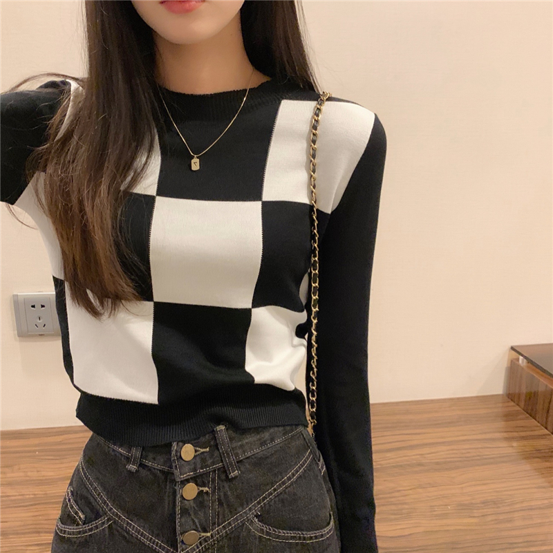 Real price chic temperament top chessboard Plaid long sleeve short sweater sweater women's bottom shirt