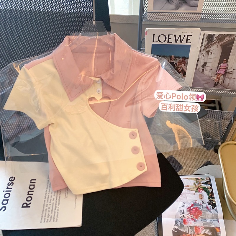 Official figure cotton 2022 short sleeve T-shirt women's summer polo collar design contrast loose coat