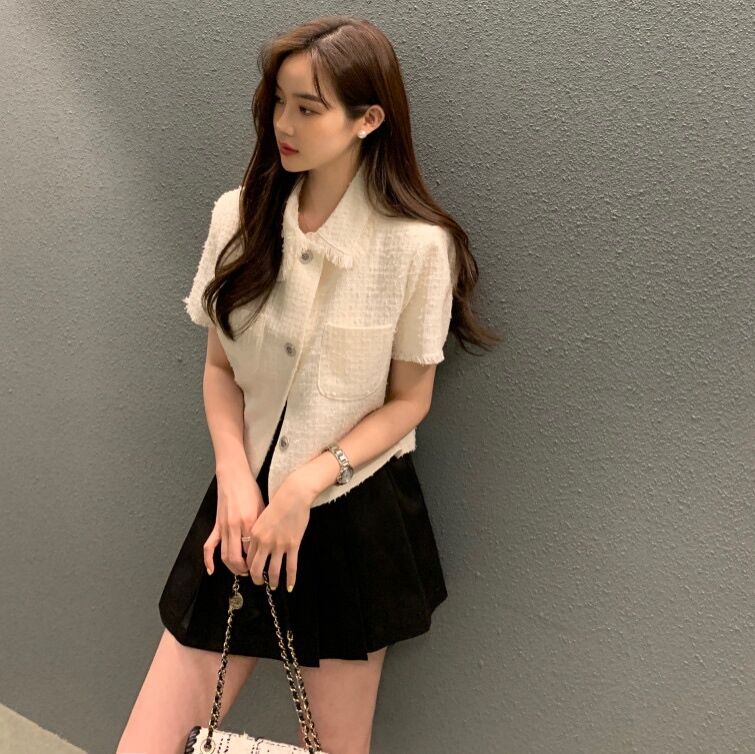 Korean chic new French style small fragrance short sleeve small coat, women's thin and versatile cardigan