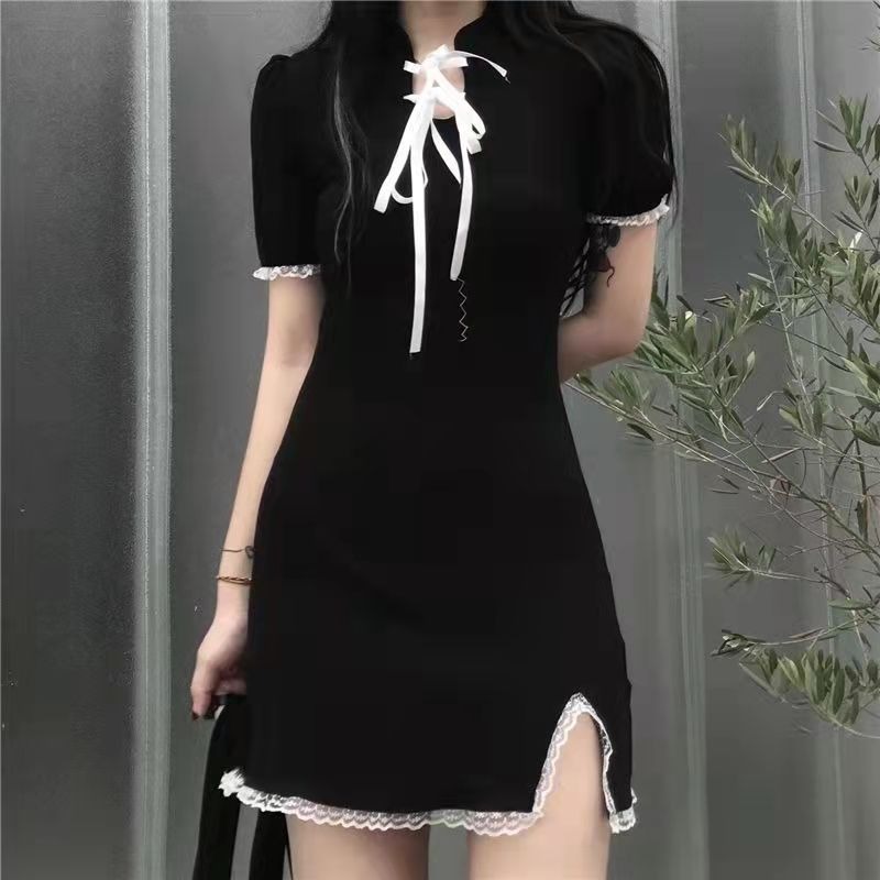 Bubble sleeve dress women's 2022 summer new French pure desire style improved cheongsam slim split Spice Girl Skirt
