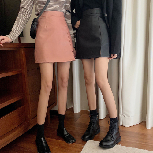 Real price winter new PU leather high waist wrap hip A-shaped split skirt