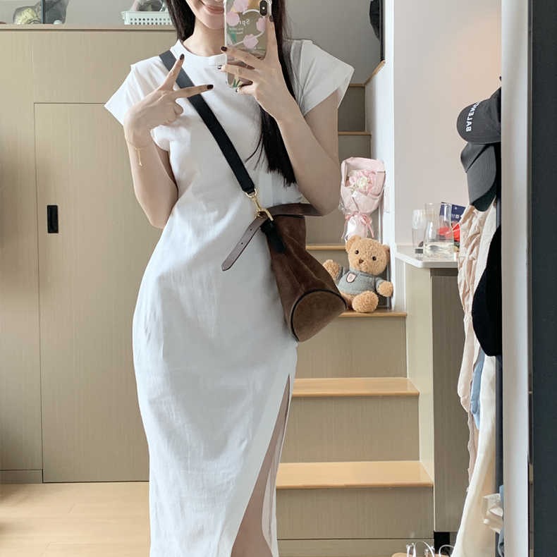 White split dress women's T-shirt skirt 2022 summer slim skirt waist high sense long skirt