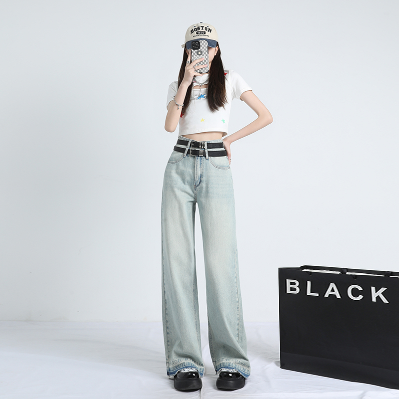 Actual shot ~ 2024 new style of drapey summer Korean style popular trendy and versatile ins trendy high waist straight jeans for women