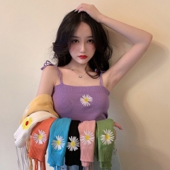 New summer net red bottom knitted vest with small suspender, embroidered, slim and navel exposed