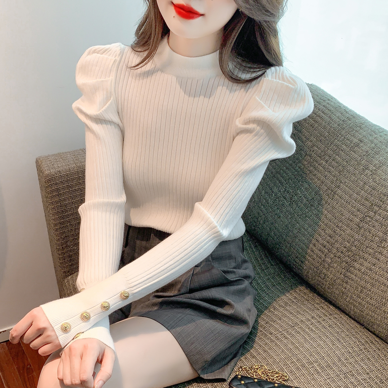 Real shot 2022 autumn and winter new Korean version of the pullover half high-neck puff sleeves self-cultivation bottoming sweater knitted sweater