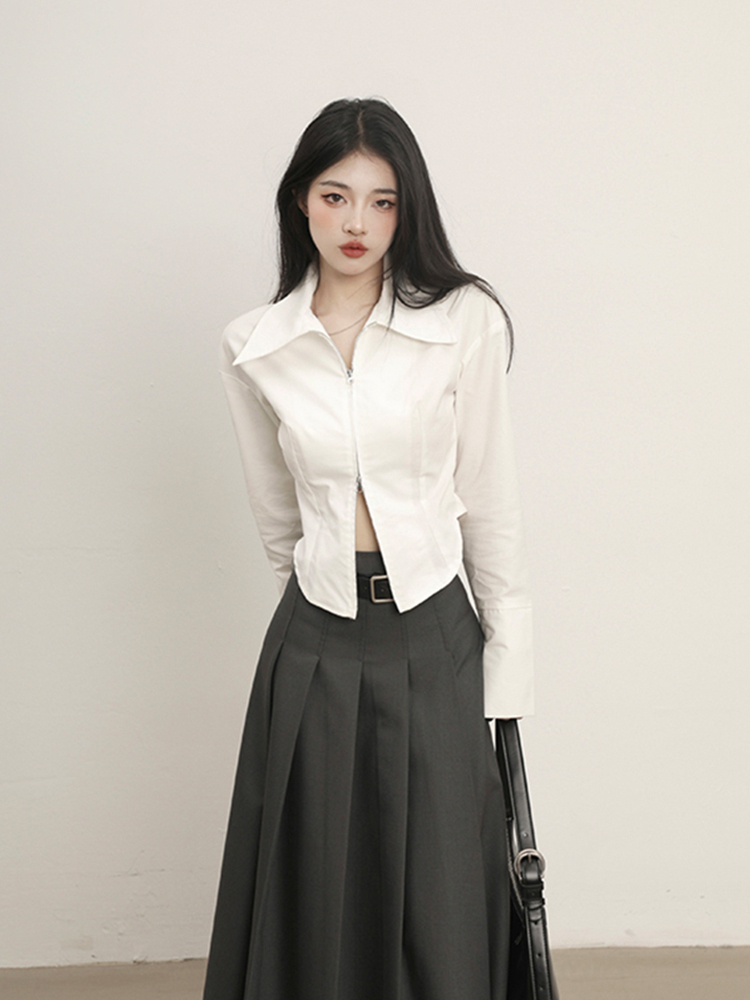 Double zipper design sense white shirt women's long-sleeved spring and autumn new fashion foreign style fashionable layered wear short top