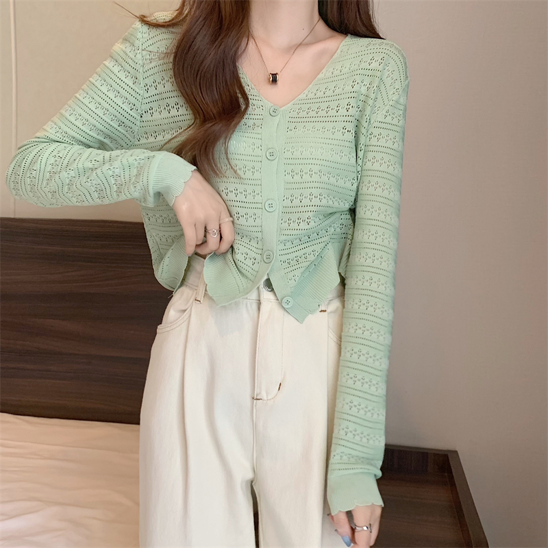 Real shooting real price New Korean version all-match hollow sunscreen v-neck knitted long-sleeved loose cardigan jacket women