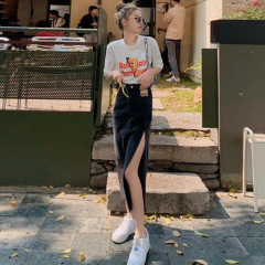 High waist split denim skirt skirt skirt women's fashion show thin air careful machine one step hip skirt long skirt