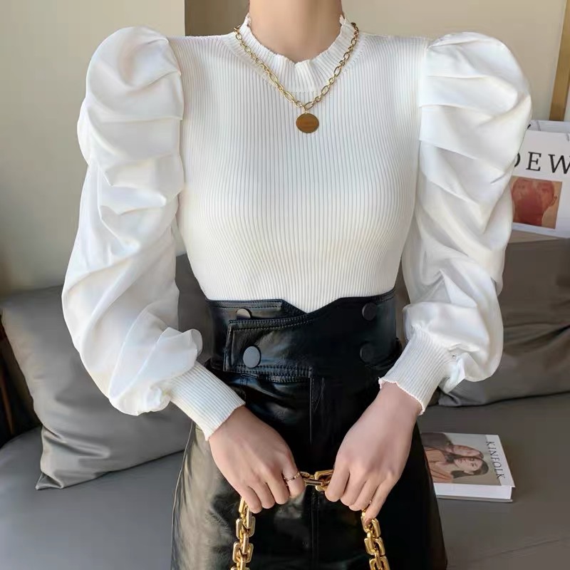 Korean autumn and winter new bubble Lantern Sleeve closure thread splicing shirt women