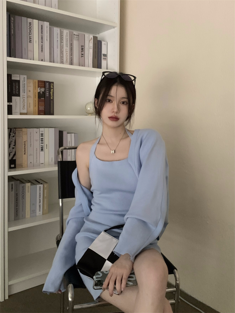 Real price ~ hanging neck suspender dress for women pure desire to slim down, beautiful back, split A-shaped short skirt, long sleeve blouse set