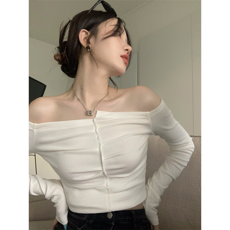 Official map pull frame cotton hot girl one-shoulder T-shirt women's early autumn 2022 new short design sense 6230