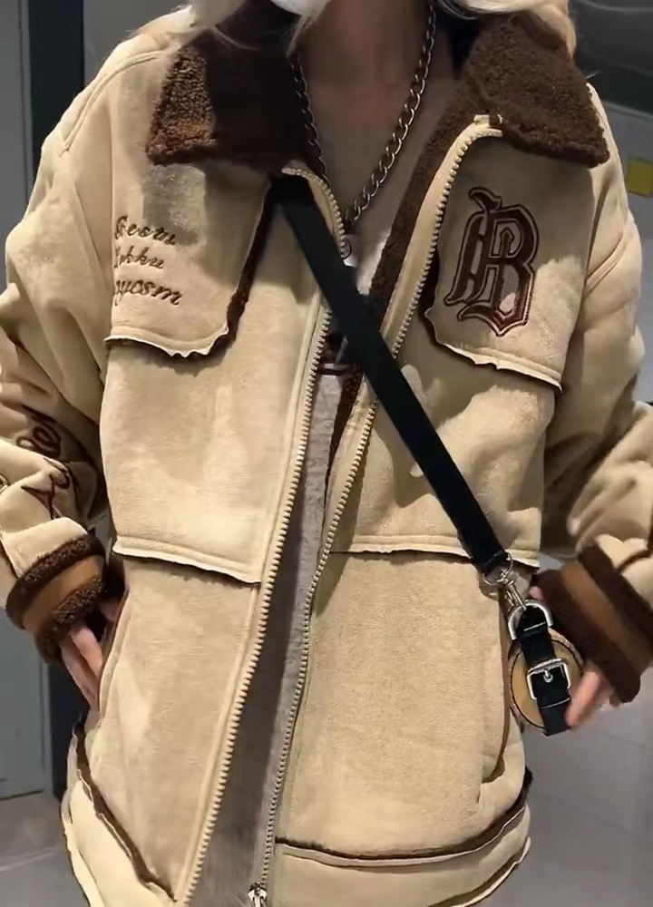 American retro oversize suede coat men's and women's autumn and winter new embroidery loose lapel lamb wool coat