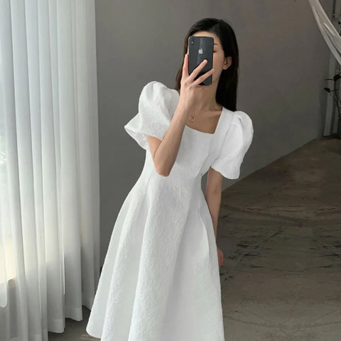 Double layer lining lady mid-length skirt 2023 spring and summer new puff sleeve fairy A-line dress