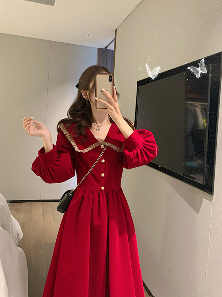 Hepburn style daily little red dress red gold velvet dress female autumn doll collar Christmas French winter skirt
