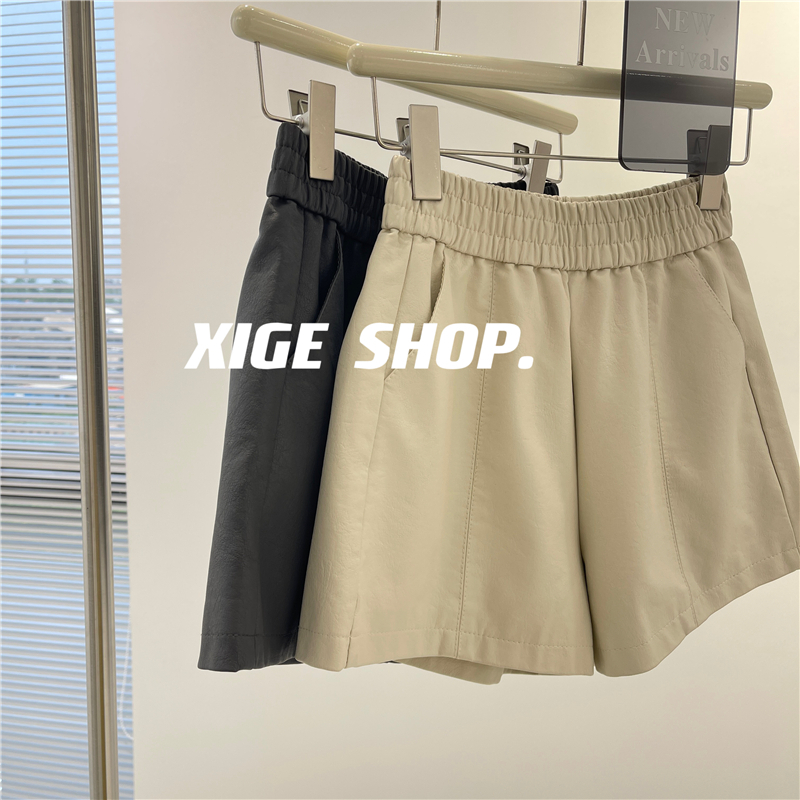 2022 new Dongdamen all-match leather fabric high-waisted short elastic waist wide-leg boots and pants