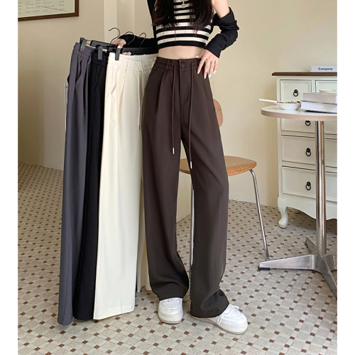 Black casual pants women's high waist drawstring narrow suit pants spring loose vertical straight pants trousers wide leg pants
