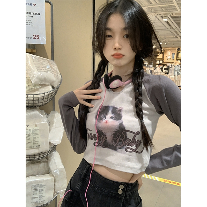 Official picture ~ Threaded hot girl short long-sleeved T-shirt women's autumn new contrast color design scheming slim slim top
