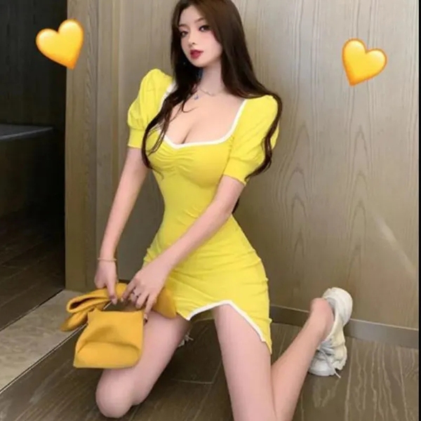 Vintage square neck slim temperament dress goddess style summer new gentle wind split a-word short skirt
