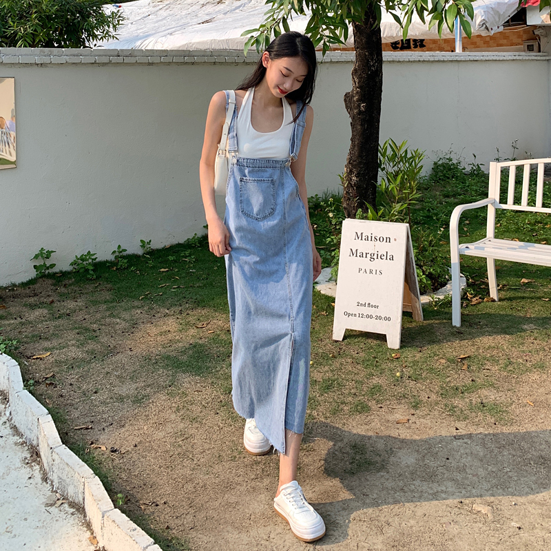 Real price new loose irregular split denim skirt new slim retro Hong Kong flavor long skirt