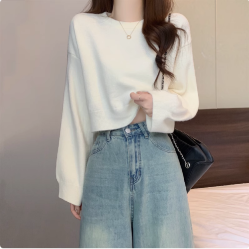 Women's Loose-Fitting Long-Sleeve Knit Sweater, Round Neck, Thick, Layering Top, Suitable for Autumn and Winter, Short Length for Petite Figures
