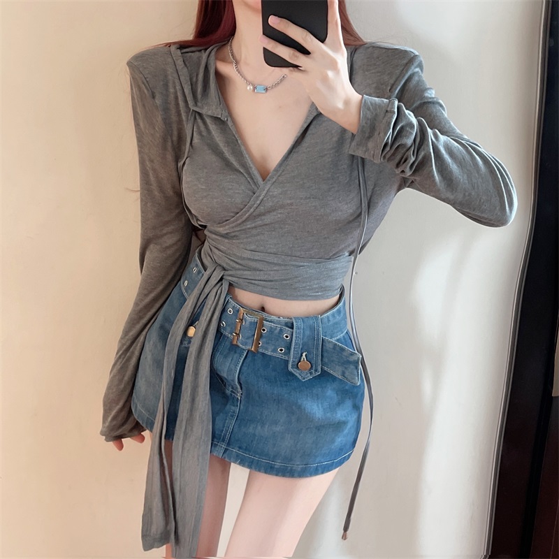 Real shot, real price, pure desire, cross V-neck hooded, long sleeved women's unique and cautious machine T-shirt top trend