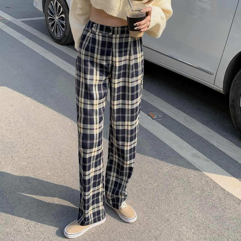 Real shooting and real price new straight tube loose retro plaid pants, versatile slim casual pants