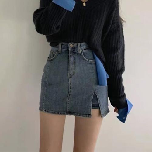 Korea 2023 large size sexy side slit bag hip denim shorts short skirt female skirt high waist a word