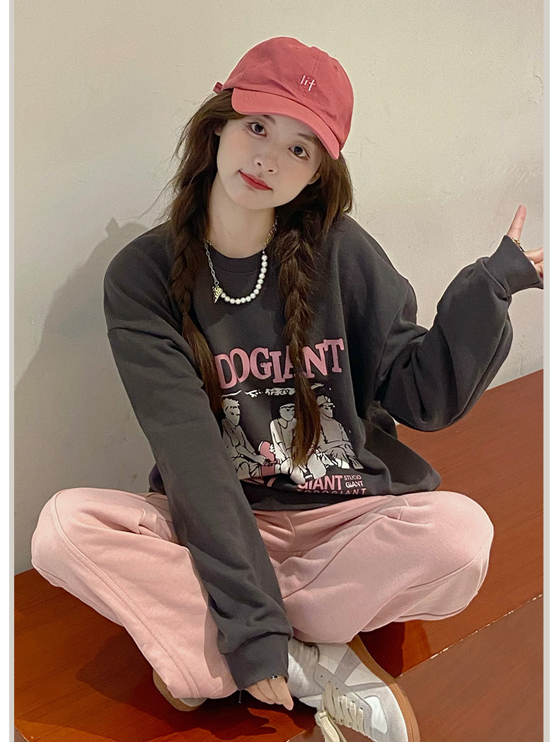Real Shot - 310g Imitation Cotton Interwoven Fabric Can't Pill Winter Thickened Fleece Sweater Women's Round Neck Print Back Packing Strip