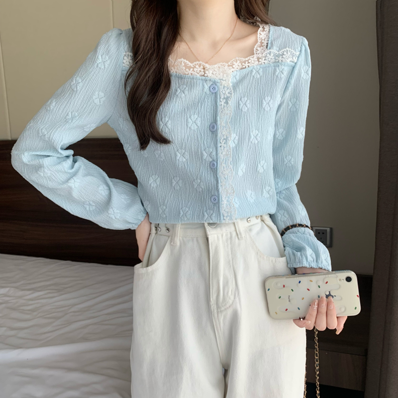 Real shot ~ Spring New Korean lace square collar hook flower gentle and thin long sleeved shirt top