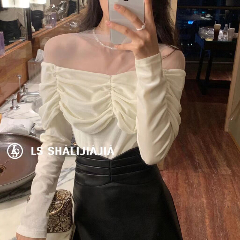 Autumn and winter new style mesh stitching one shoulder VELVET LONG SLEEVE TOP retro design pleated slim bottoming shirt