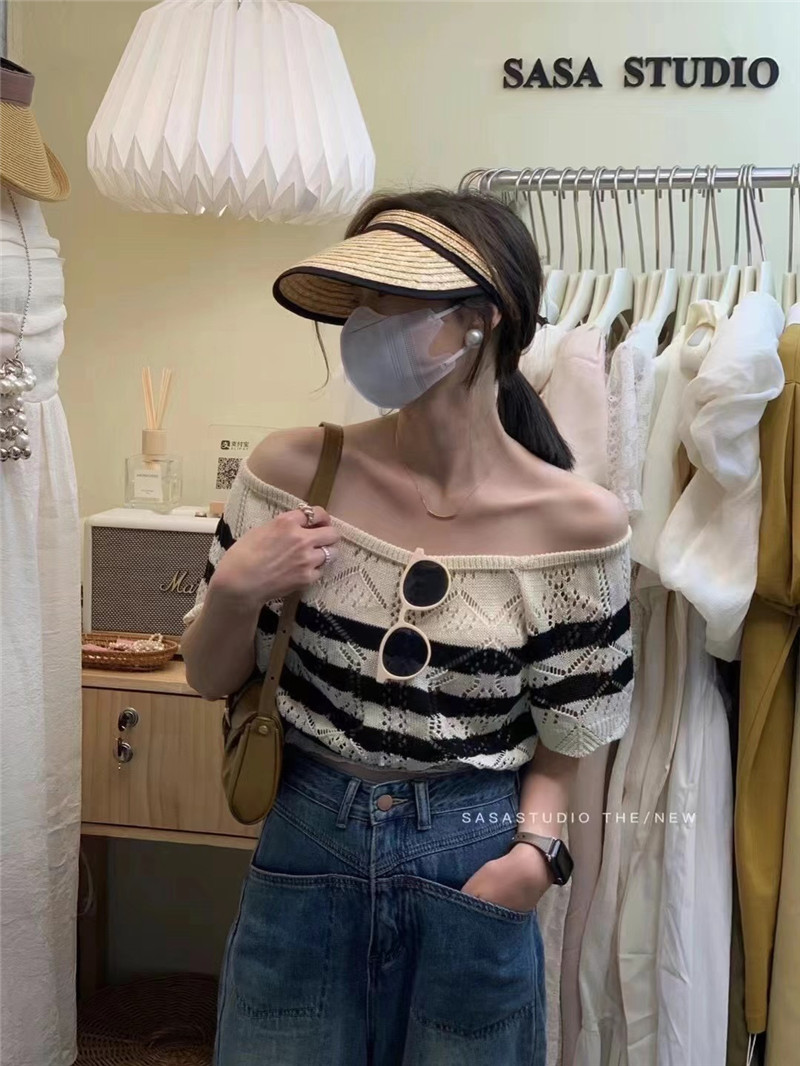 Pure desire style sweater top women's summer new retro one line collar off shoulder hollow Ruffle slim sweater