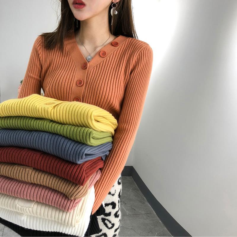 Candy V-neck one button T-shirt sweater long sleeve slim Pullover bottoming
