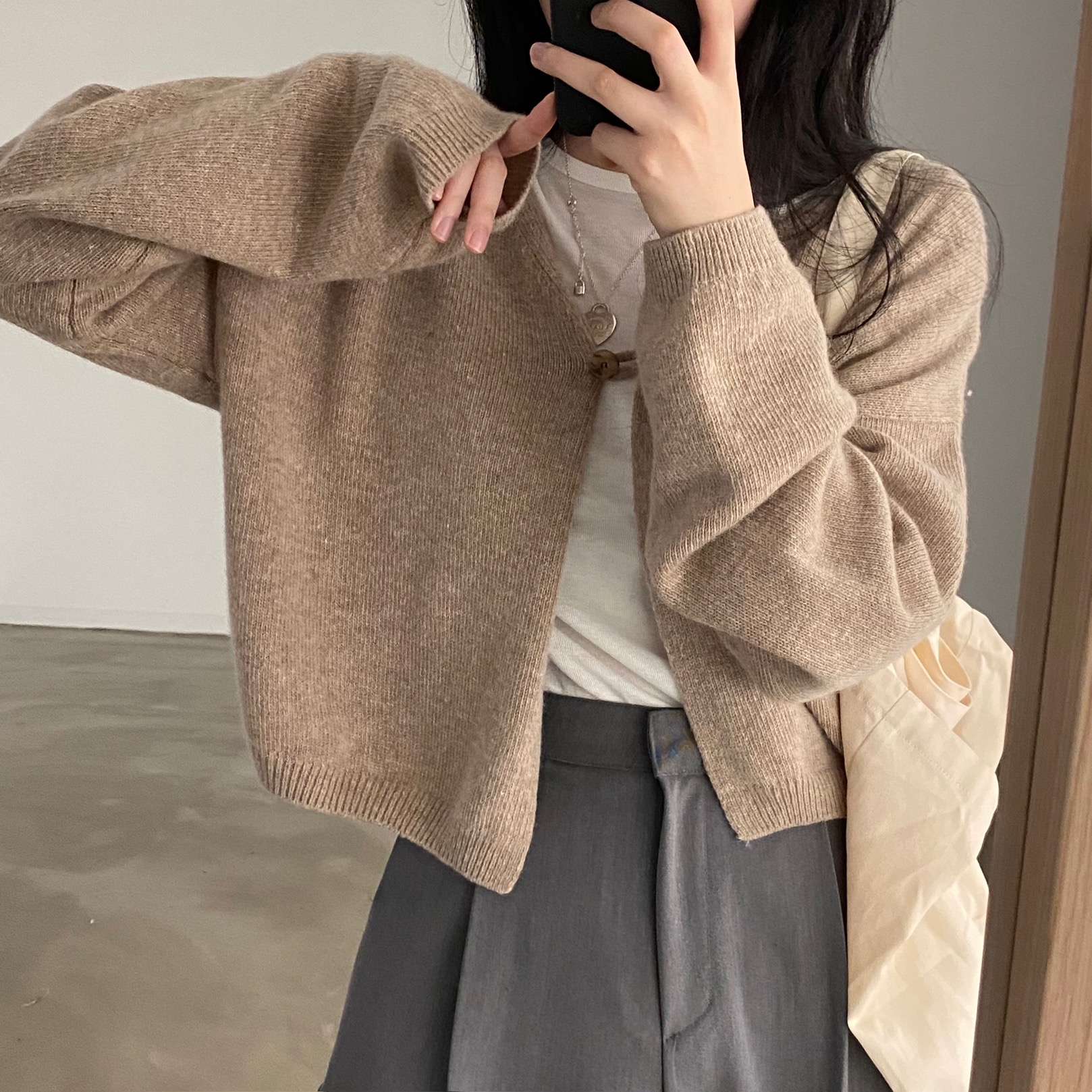 Korean chic autumn winter sweater coat solid color one button versatile early spring knitted cardigan women