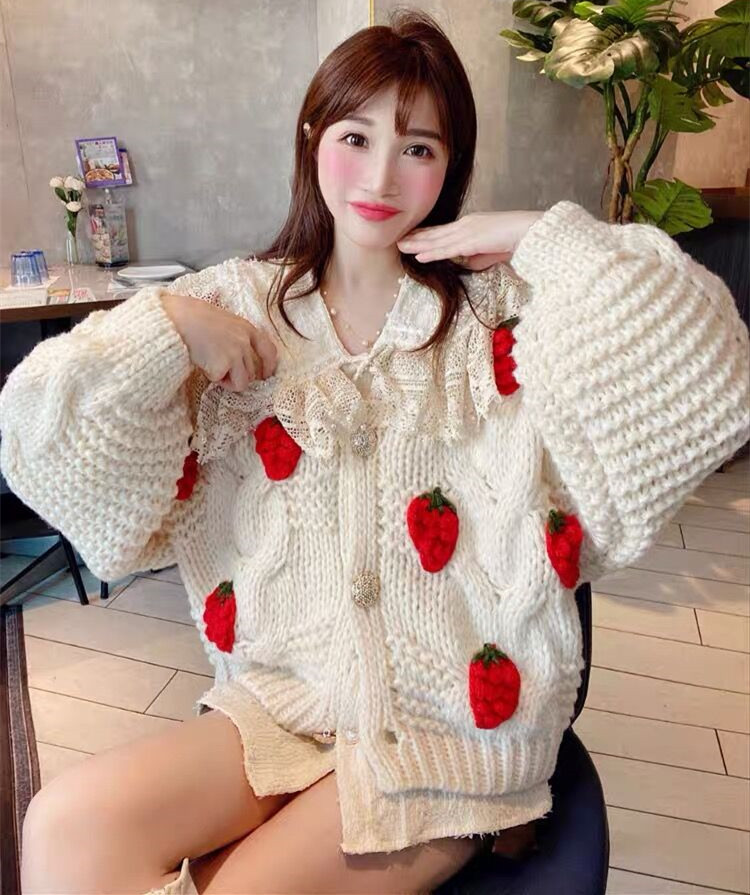 Sweet minority strawberry thickened coat sweater cardigan coarse wool winter new stereo hook
