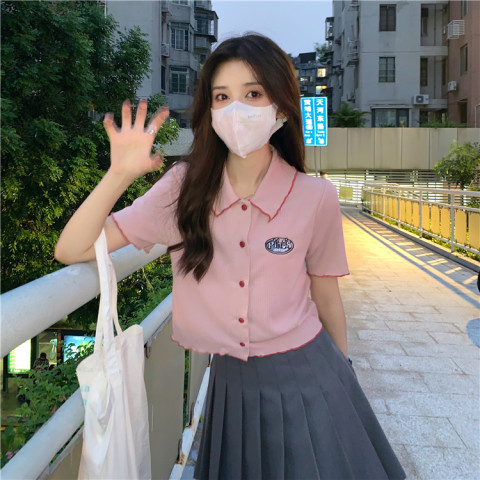 Net red short sleeve chic cardigan top spring 2022 new embroidery sweet aging polo collar T-shirt women's wear