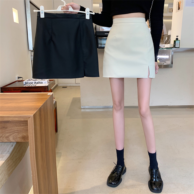 Real price ~ Black Leather Skirt women's split anti light half skirt high waist Spice Girl Hip Wrap one-step skirt