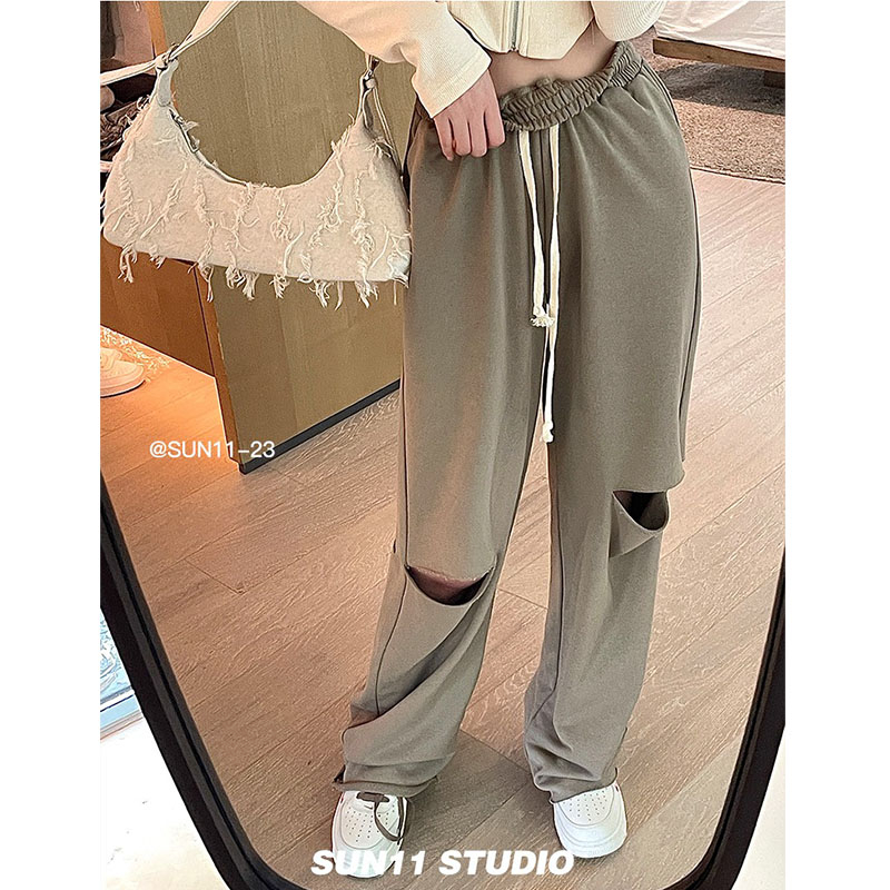 High street ripped sports pants women's drapey mopping long pants autumn Korean version high waist loose wide leg straight casual pants