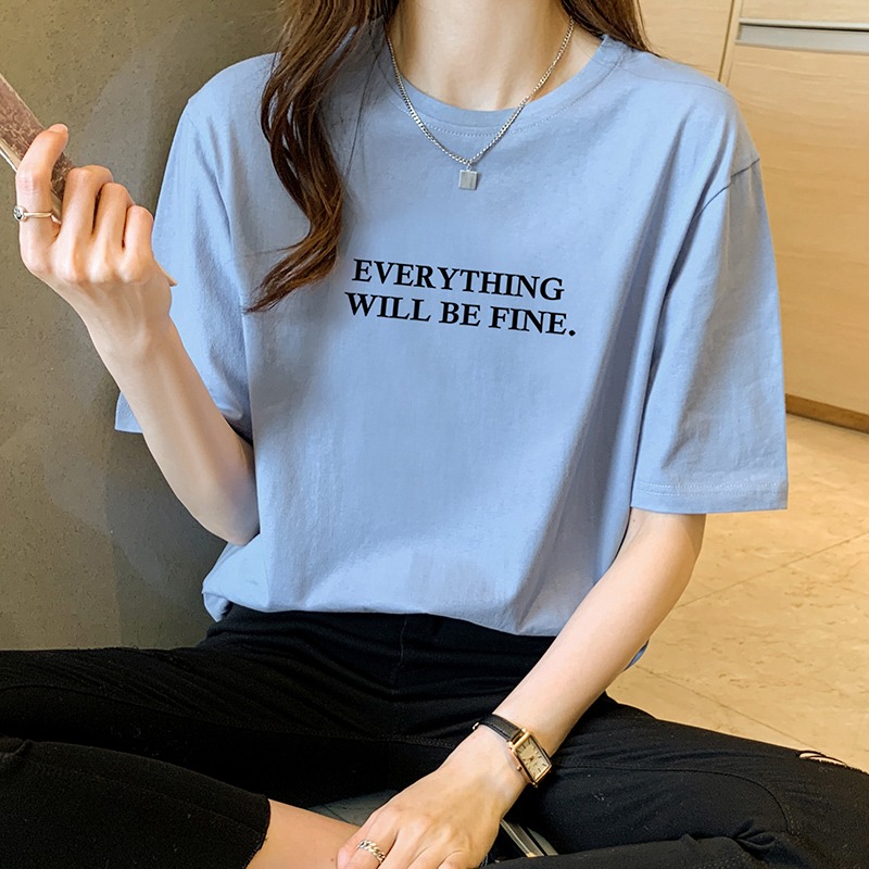 Real shot pure cotton short sleeve T-shirt women's clothing summer 2022 regular basic printed round neck loose top