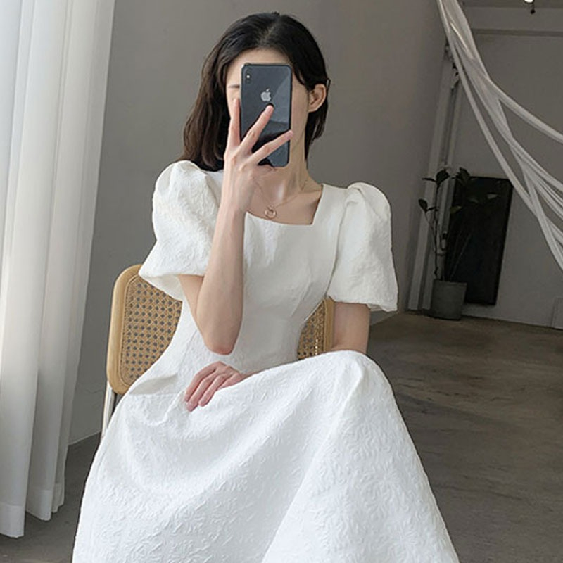 French first love white big skirt 2022 summer new style square neck thin temperament jacquard license dress women