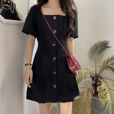 Korean version show thin, close waist, square neck, short sleeve, small black skirt, simple and foreign style dress, female fashion