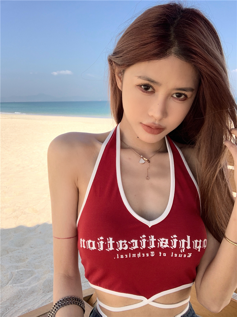 Real shot~nett price American-style hot girl back strap suspenders hanging neck vest female slim slim all-match tops
