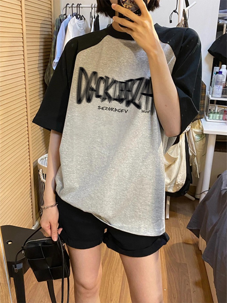 Combed pure cotton compact sello spinning color-blocking short-sleeved color-blocking raglan print loose short-sleeved t-shirt for women
