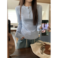 Real shot of new autumn and winter Korean style slim fit button design versatile long-sleeved T-shirt inner top for women