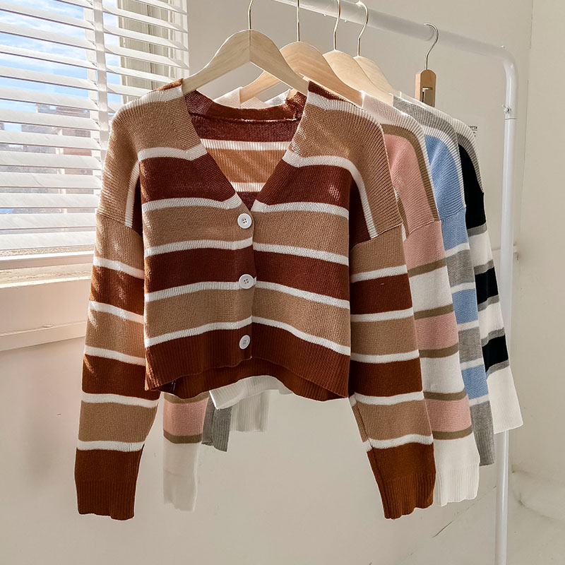 Color contrast stripe V-Neck Sweater women's 2021 new autumn and winter cardigan top versatile lazy sweater coat