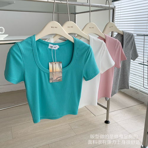 Meimei Xiaxia basic short blue slim fit fresh inside with solid T-shirt women's short sleeve summer new top