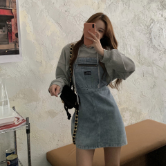 Korean version of autumn girl's hollow and folded short sweater + high waist A-line denim suspender dress