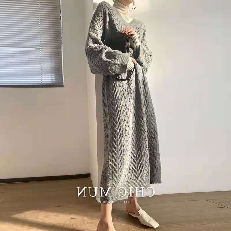 Korean loose lazy wind thickened warm collar in autumn and winter with knitted wool over the knee dress women's sweater