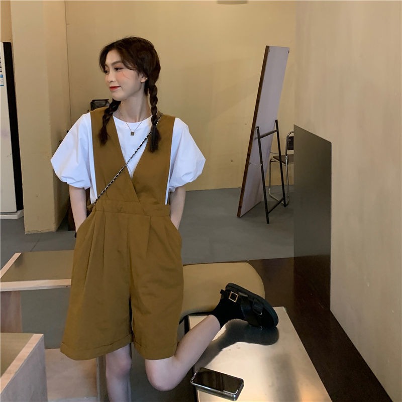 Conjoined Pants Set women's summer 2022 new slim Korean loose suspender shorts