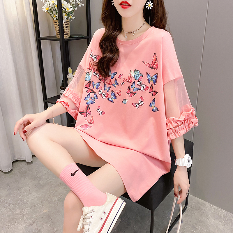 Real shot~6535 combed cotton 2023 new chiffon stitching mid-length short-sleeved T-shirt dress for women